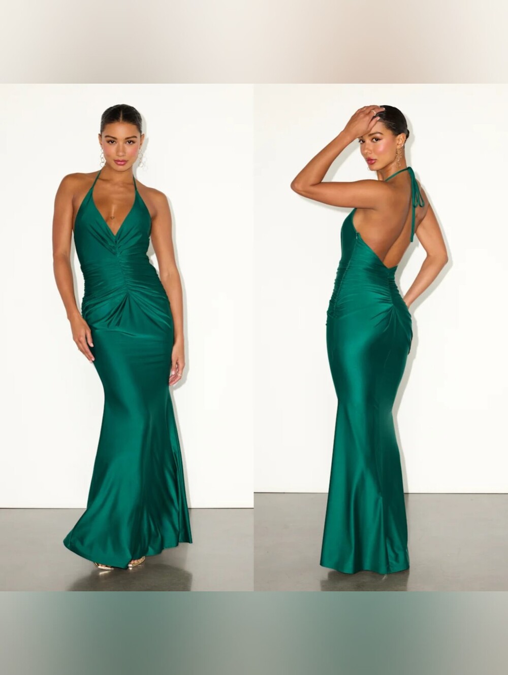 Lulus Zaniya Emerald Green Ruched Halter Maxi Dress L Wedding Party Prom Formal
